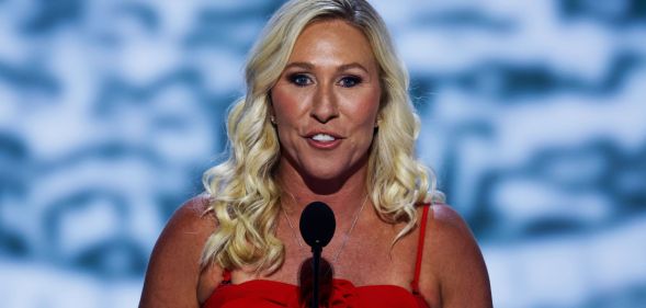 Rep. Marjorie Taylor Greene (R-GA) speaks on stage on the first day of the Republican National Convention at the Fiserv Forum on July 15, 2024 in Milwaukee, Wisconsin.