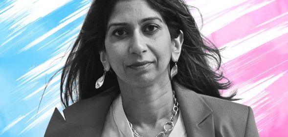 An edited image of Suella Braverman in monochrome infront of a pink and blue background.