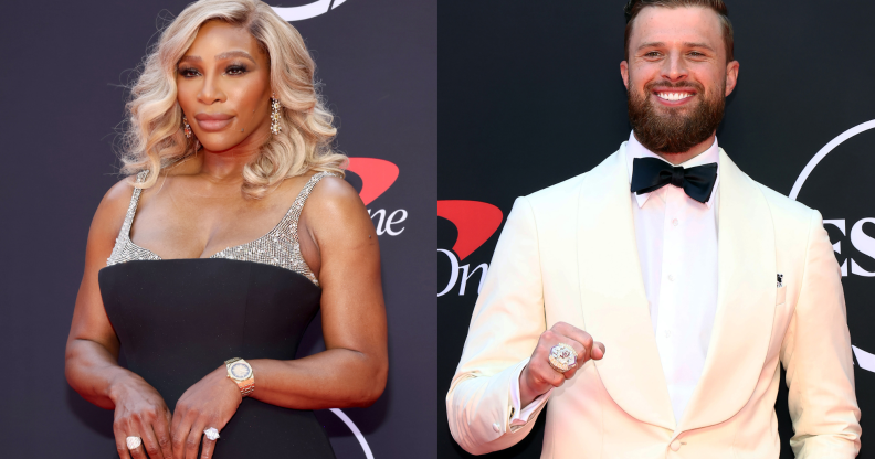 Split photo showing Serena Williams and Harrison Butker.