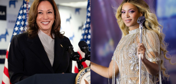 Split photo of Kamala Harris and Beyoncé