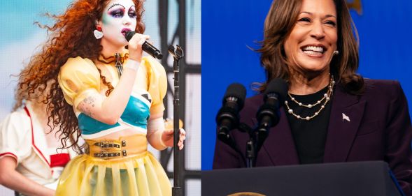 Split photo of Kamala Harris and Chappell Roan