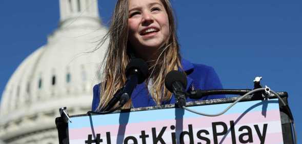 Rebekah Bruesehoff, a transgender student athlete, speaks at a press conference on LGBTQI+ rights, at the U.S. Capitol on 8 March, 2023 in Washington, DC