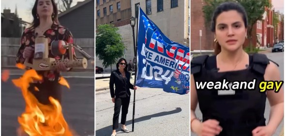 Valentina Gomez seen burning books, holding a Trump 2024 flag, and running while telling people not to be "weak and gay"
