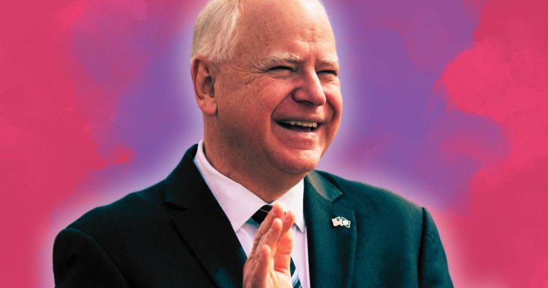 An edited picture of Tim Walz infront of a smoky background.
