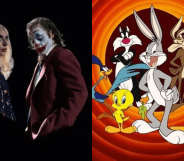 Split photo of Lady Gaga and Joaquin Phoenix in Joker: Folie à Deux and Looney Tunes.