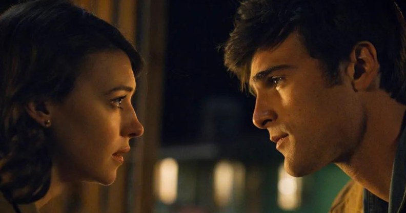 Daisy Edgar-Jones and Jacob Elordi staring intently at eachother in a still of On Swift Horses