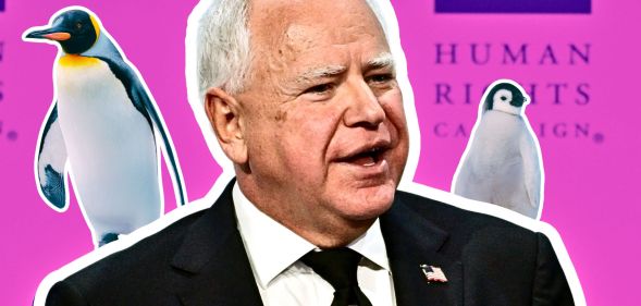 An edited image of Tim Walz next to some penguins.