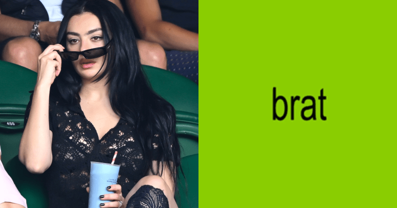 Split screen of Charli XCX and the Brat album cover art.