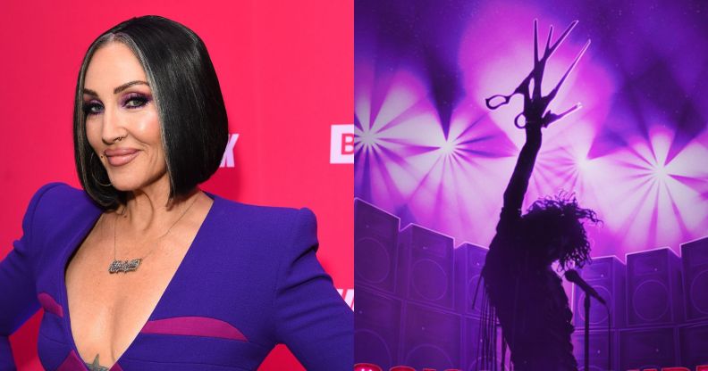 An image of Michelle Visage on a red carpet in a purple dress in 2023 and a graphic for new musical Scissorhandz
