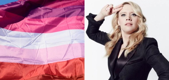 Lesbian flag and Kate McKinnon saluting