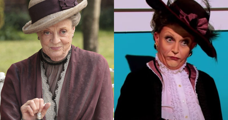 Split photo of Dame Maggie Smith and BenDeLaCreme impersonating Maggie Smith.