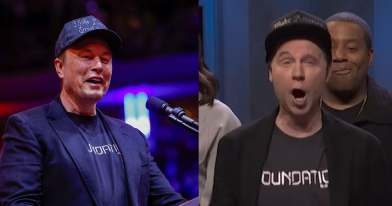 Elon Musk at a trump rally and dana carvey as elon musk on snl.