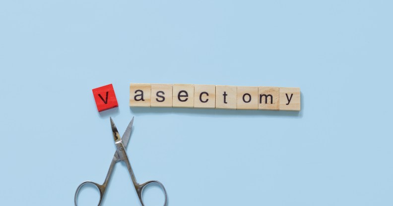 Scrabble letters spelling out 'vasectomy' with a scissor between the 'v' and 'a'.