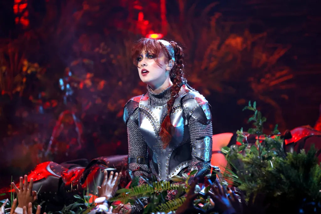 Chappell Roan performs on stage during the 2024 MTV Video Music Awards in a full suit of armour