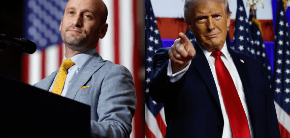 Split photo of Stephen Miller and Donald Trump.