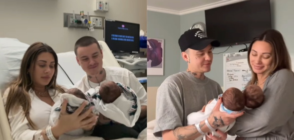 Francesca Farago and Jesse Sullivan holding their twin babies.