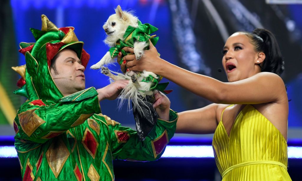 Mr. Piffles with Piff the Magic Dragon during a magic trick.