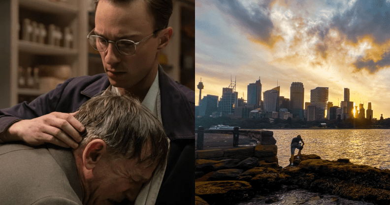 Split photo of still from Luca Guadagnino's film Queer, and Mrs Macquaries Point, Sydney.