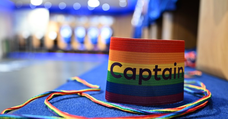 rainbow laces and rainbow 'Captain' armband from the FA's Rainbow Laces campaign inside a team locker room