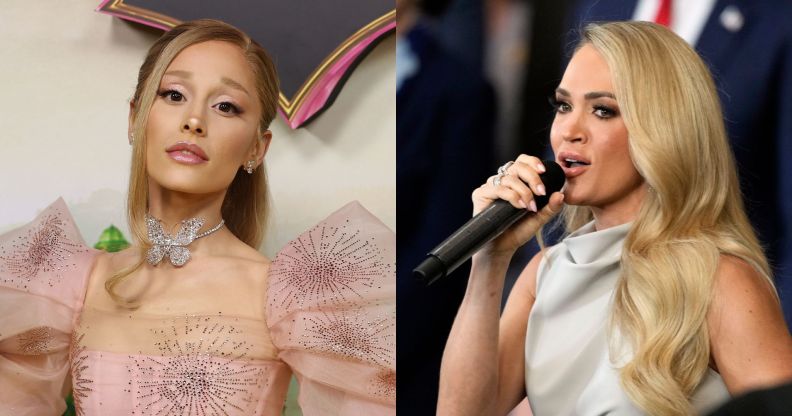 Ariana Grande on the left at a premiere for Wicked wearing a big pink dress. On the right, Carrie Underwood performs at the Trump inauguration, holding a microphone.