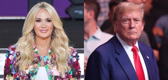 On the left, Carrie Underwood in a colourful blazer performing on Good Morning America. On the right, Donald Trump wears a blue blazer, red tie and white shirt at an event.