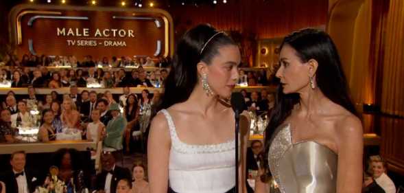 Demi Moore and Margaret Qualley on stage at the 82nd Golden Globes