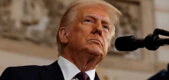 US President Donald Trump delivers his inaugural address after being sworn in as the 47th president of the United States in the Rotunda of the US Capitol on January 20, 2025 in Washington, DC.