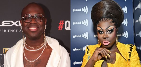 Bob The Drag Queen without drag wearing a white shirt and in drag wearing a bright yellow top.