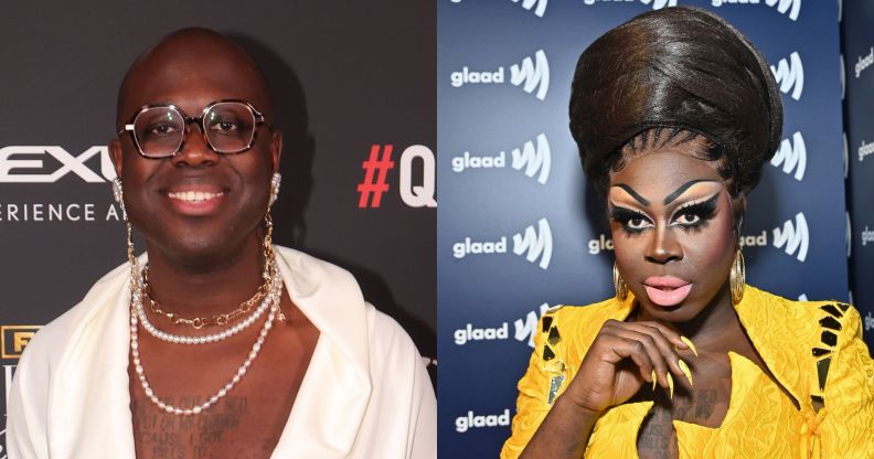 Bob The Drag Queen without drag wearing a white shirt and in drag wearing a bright yellow top.