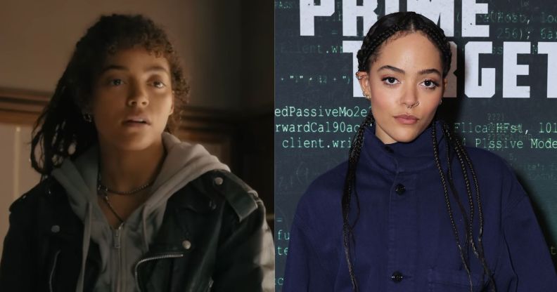 On the left, a screenshot from the trailer for Apple TV+ series Prime Target, featuring Quintessa Swindells as a NSA agent. On the right, Quintessa Swindells in a blue jacket at the red carpet premiere of Prime Target.