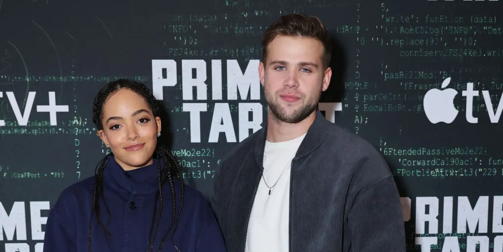 Quintessa Swindell and Leo Woodall attend the photocall for the launch of "Prime Target" at Claridge's on January 16, 2025 in London, England.