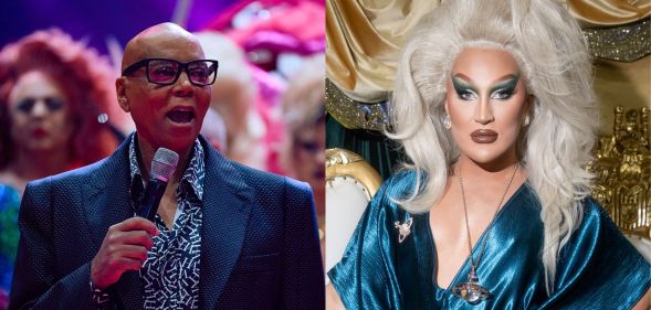 RuPaul (left) speaking into a microphone on the opening day of DragConUK 2025. The Vivienne (left) at Drag Con LA in 2022.
