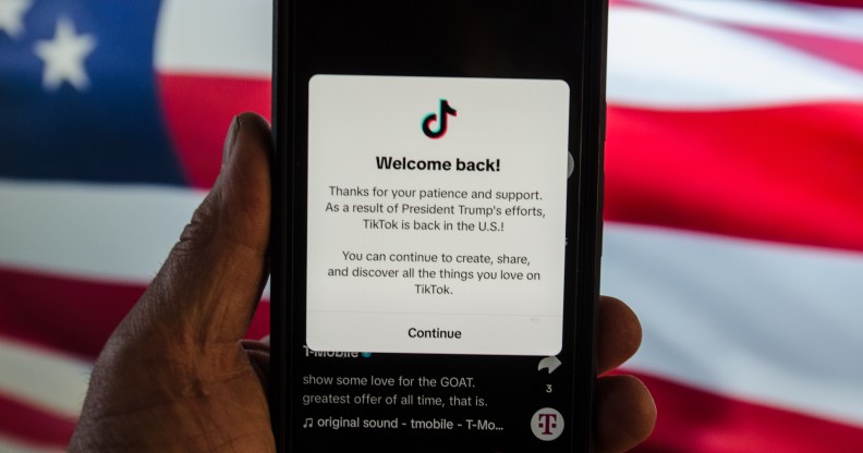 TikTok message that reads: "Thanks for your patience and support. As a result of President Trump’s efforts, TikTok is back in the U.S."