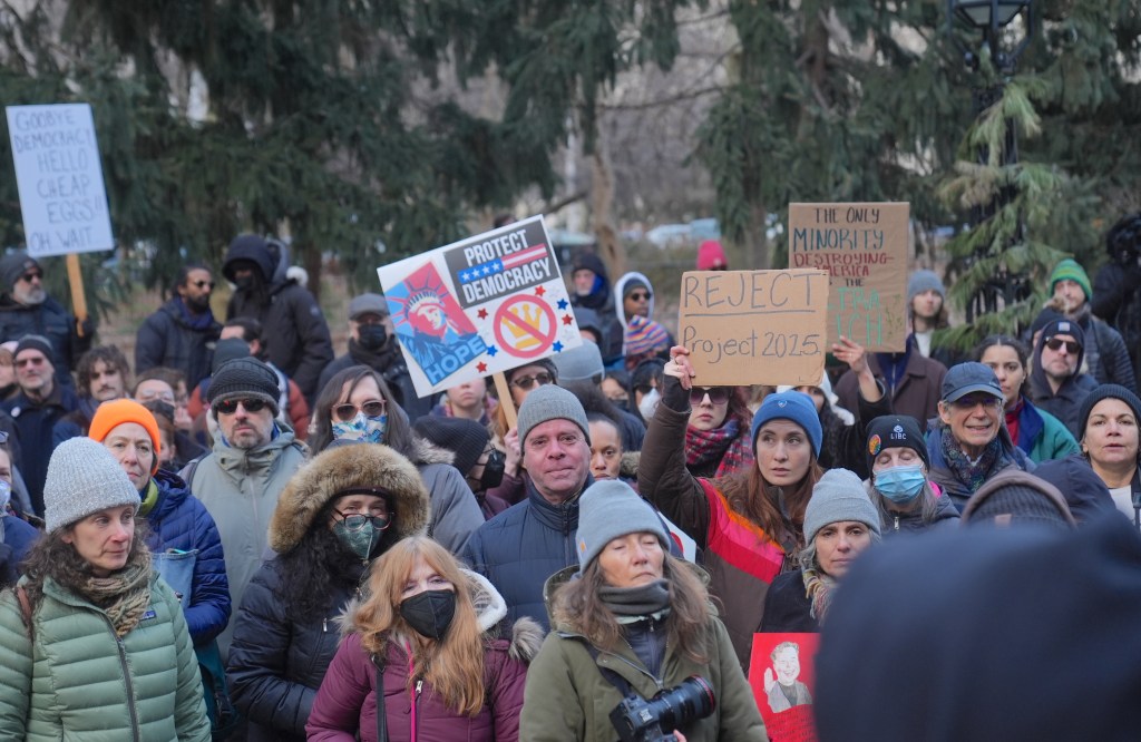 People gathered in City Hall in Downtown, Manhattan on Wednesday to oppose the early actions of President Donald Trump's administration and the Project 2025 in New York City, United States.