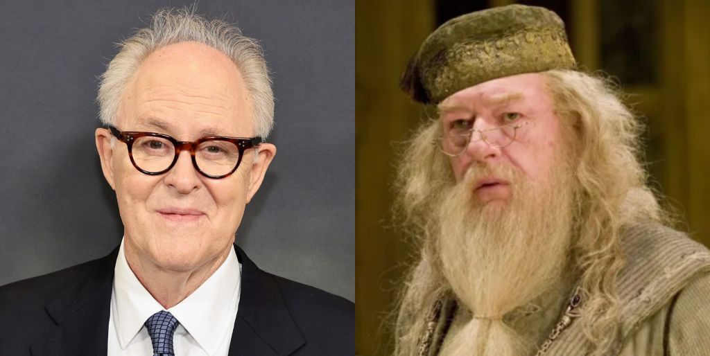 On the left, John Lithgow smiles wearing a suit and tie against a grey background. On the right, Harry Potter star Michael Gambon as Dumbledore.