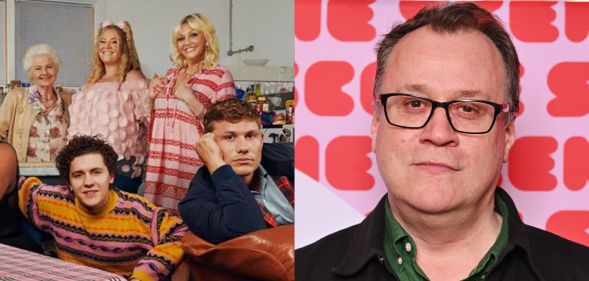 On the left, a promotional image featuring the cast of Channel 4 comedy Big Boys. They are all lounging around on a sofa set. On the right, a photo of Russell T Davies in glasses, and a dark shirt, against a pink and red background.