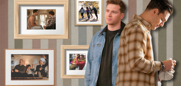 Buck and Eddie looking moody in front of a wallpapered wall featuring photo frames on Buck and Eddie with Chris