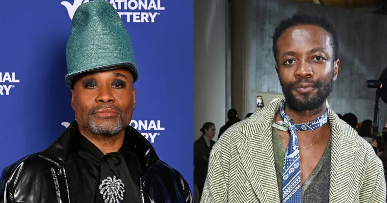 On the left, Billy Porter in a black jacket and blue hat against a blue background. On the right, Omari Douglas at Paris Fashion Week