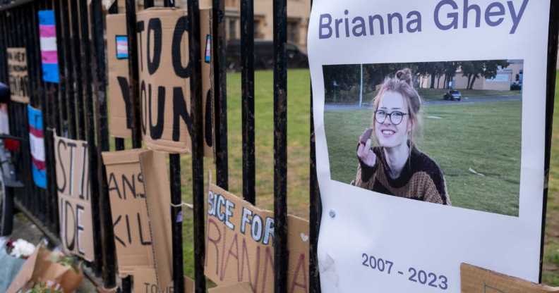 Flowers cards, candles and signs for murdered teenager Brianna Ghey.