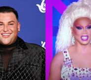 On the left, David Potts smiles and poses on a red carpet. On the right, RuPaul on the judging panel of Drag Race UK.