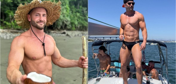 Composite image of Garrett Bruno, on the left he's wearing a straw hat and holding a coconut on a beach, on the right he's in a swimsuit standing on a boat. He's shirtless in both pictures
