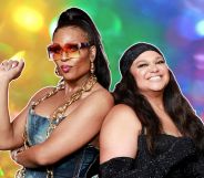 Peppermint and Michelle Buteau pose together against a rainbow sparkly background