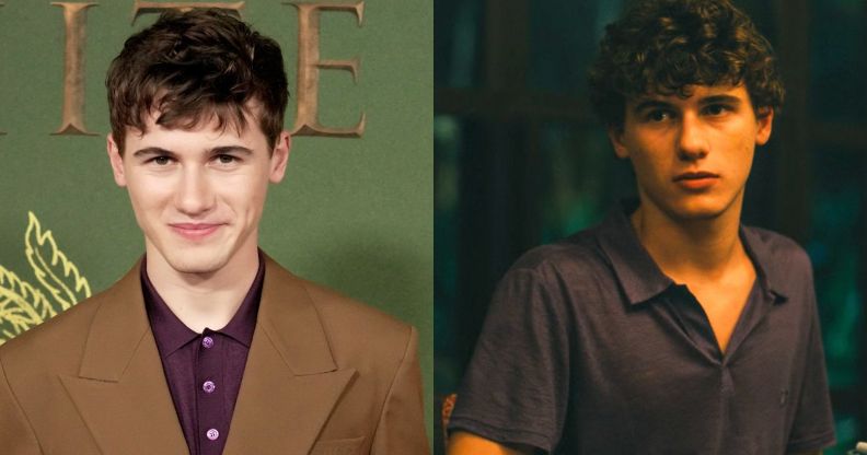 On the left, Sam Nivola on a red carpet. On the right, Sam Nivola as Lochlan Ratliff in The White Lotus.