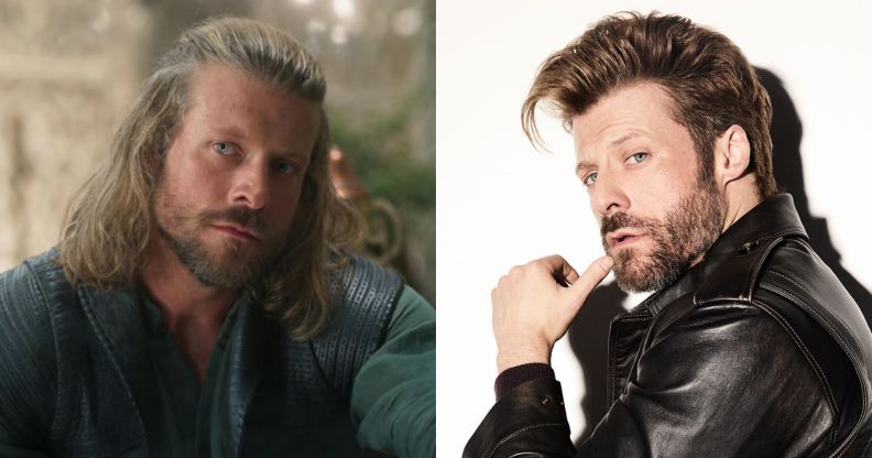 The Wheel of Time star Taylor Napier as Maksim (left) and posing against a white background (right).