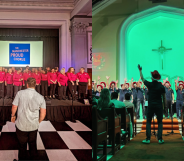 Split Photo of Manchester Proud Choir and Hong Kong Gay Men's Chorus.