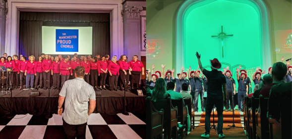 Split Photo of Manchester Proud Choir and Hong Kong Gay Men's Chorus.