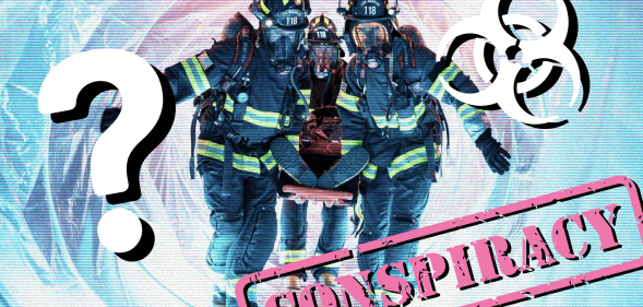 Firefighters coming through a tunnel while carrying someone on a gurney. A question mark, a biohazard sign and the word 'CONSPIRACY' float around the firefighters.