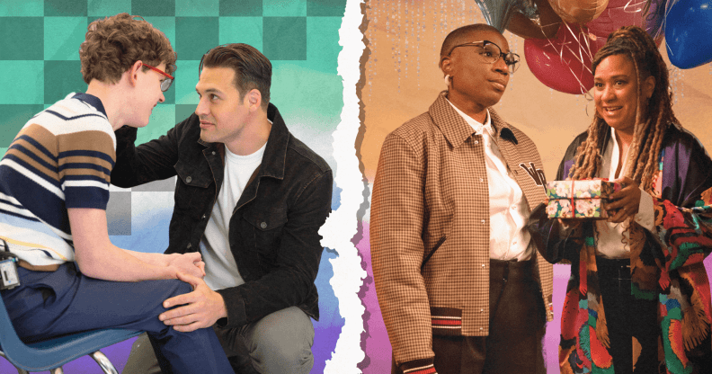 Chris and Eddie in speak in front of a blurry version of the gay flag while Hen and Karen stand in front of a blurry version of the lesbian flag.