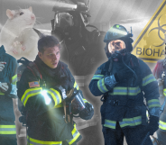 A collage of Chim, Buck, Ravi and Hen in front of a black and white background showing Bobby at an emergency scene in a lab. A biohazard sign and a white rat are in the background too.