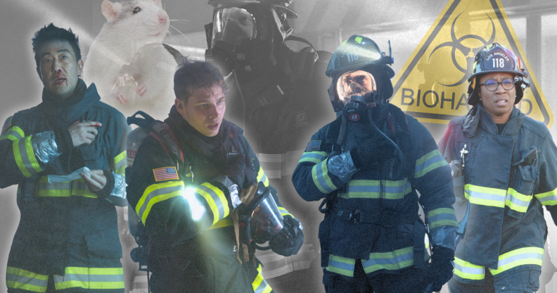 A collage of Chim, Buck, Ravi and Hen in front of a black and white background showing Bobby at an emergency scene in a lab. A biohazard sign and a white rat are in the background too.